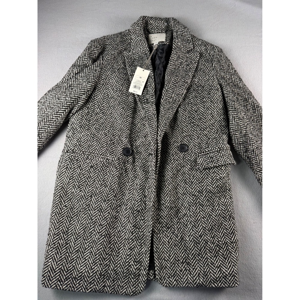 A New Day Womens Herringbone Overcoat Black White Double Breasted XS NWT